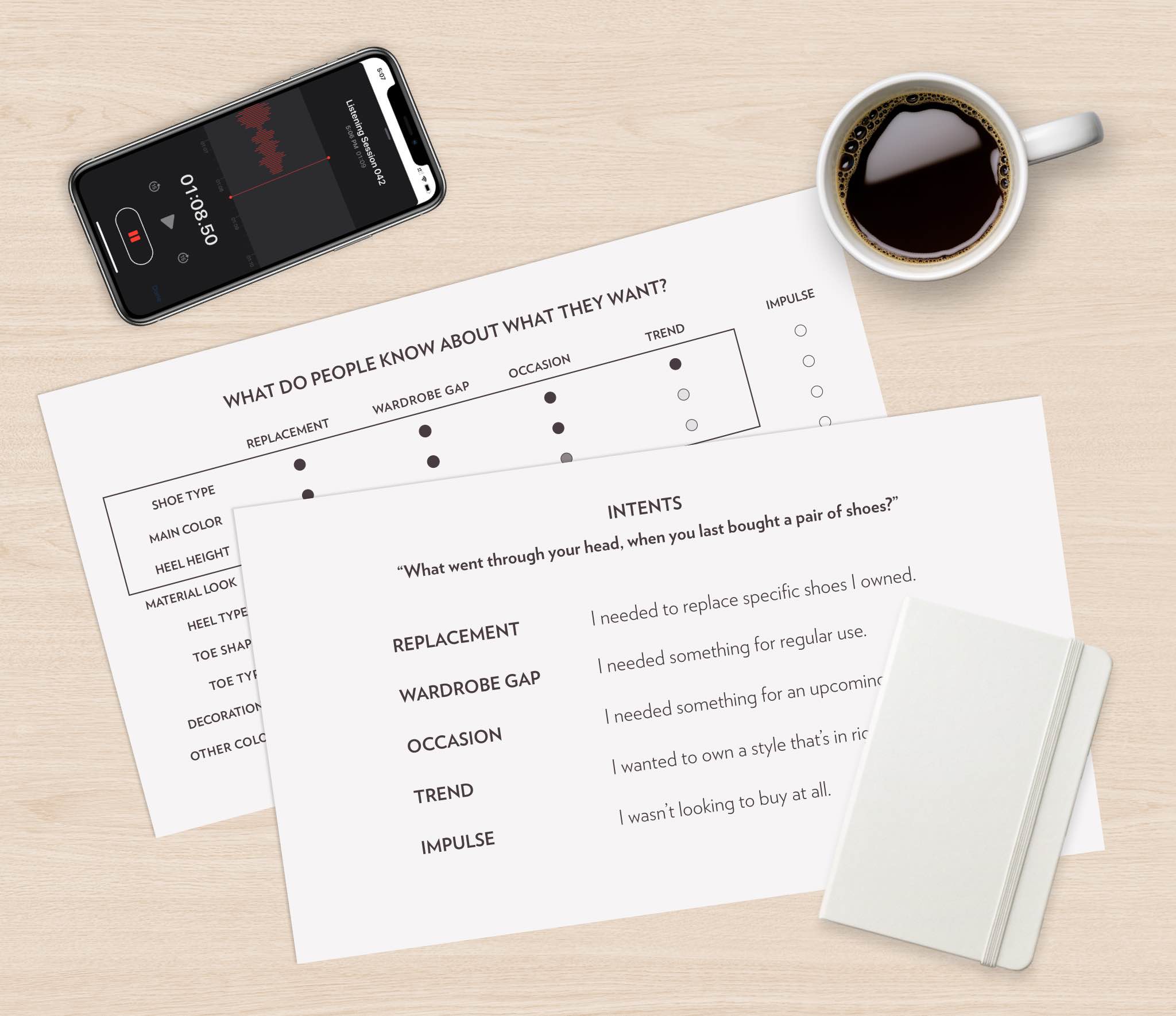 Table top with research related items and results.